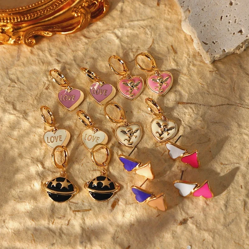 

Hot Sales Jewelry Geometry Enamel Heart Huggie Earring Hoop Fashion Colorful Pink Love Shape Star Charm Drop Earrings