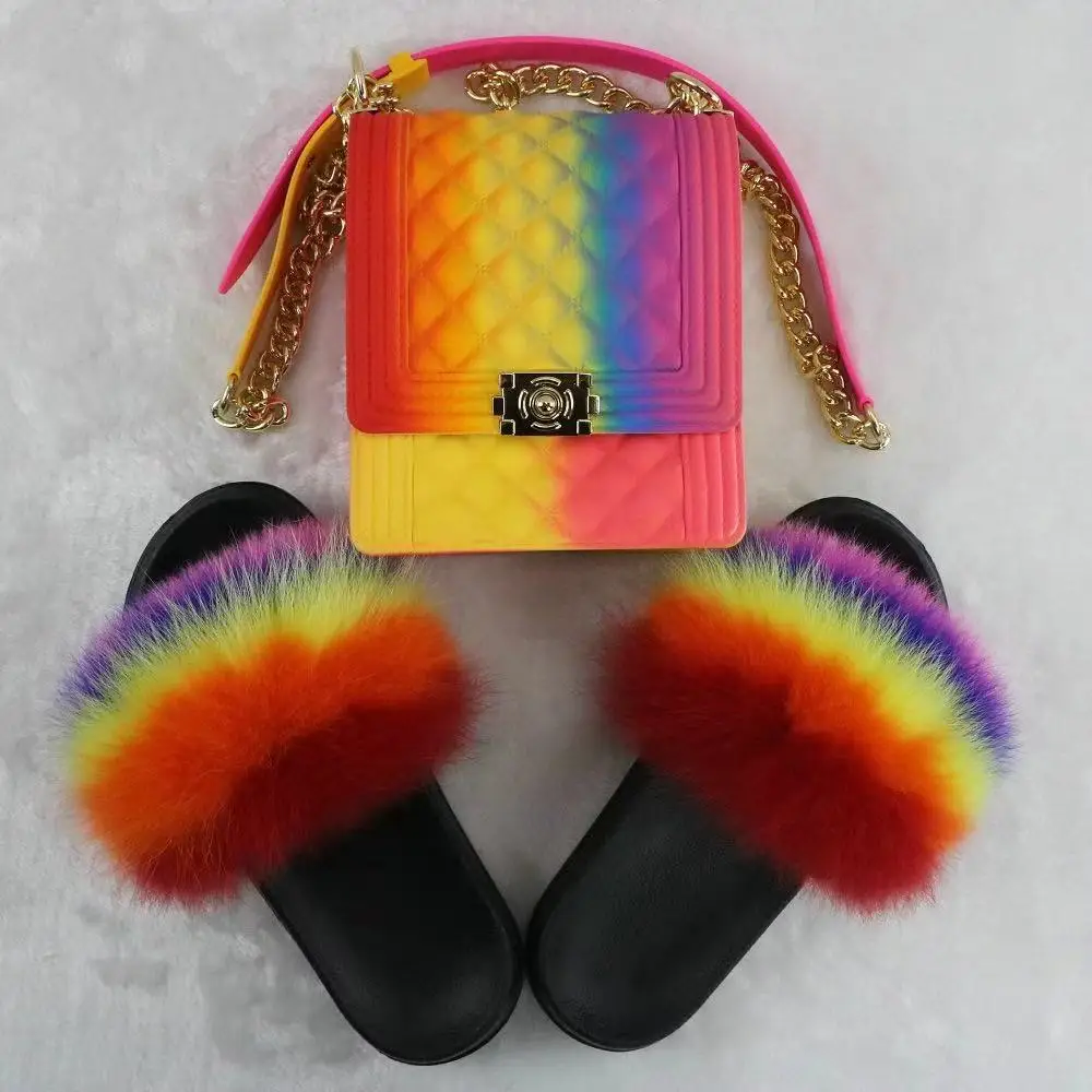 

wholesales real fur slippers sets fur slides for women with purse 2021women big fur slide and purse set, Customized color