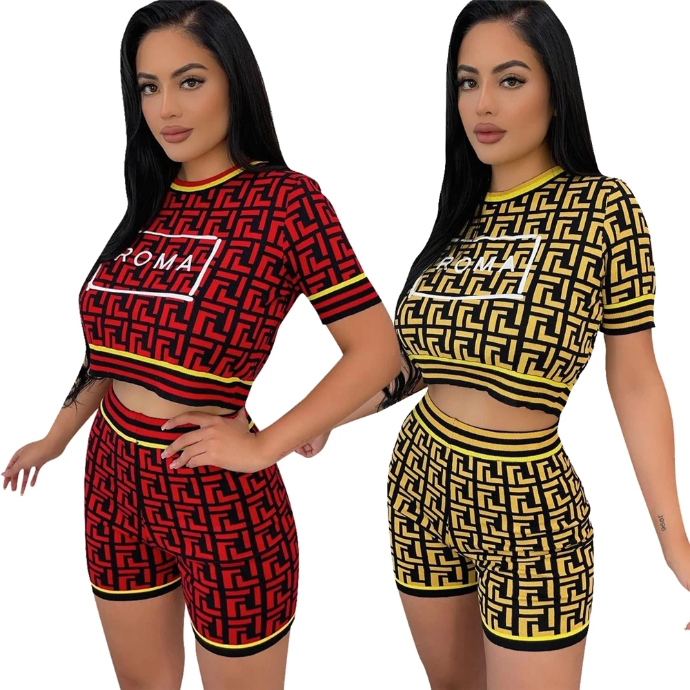 

2022 Fashion High Waist Gym Jogging Casual Letter Embroidery Short Sleeve Short Sets, Solid pink logo print with panttern