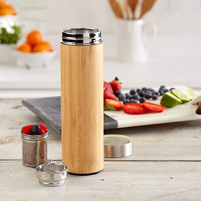 

Bamboo tea tumbler stainless steel tea bottle vacuum flask with tea infuser, Multiple colors