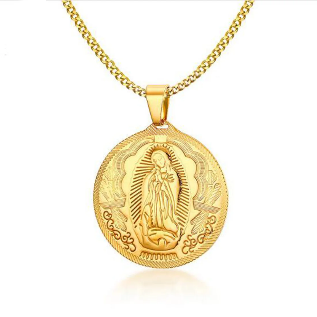 

NLJSF00064 Mens Womens Surgical Steel Gold Coin Christian Medallion Virgin Mary Pendant Necklace