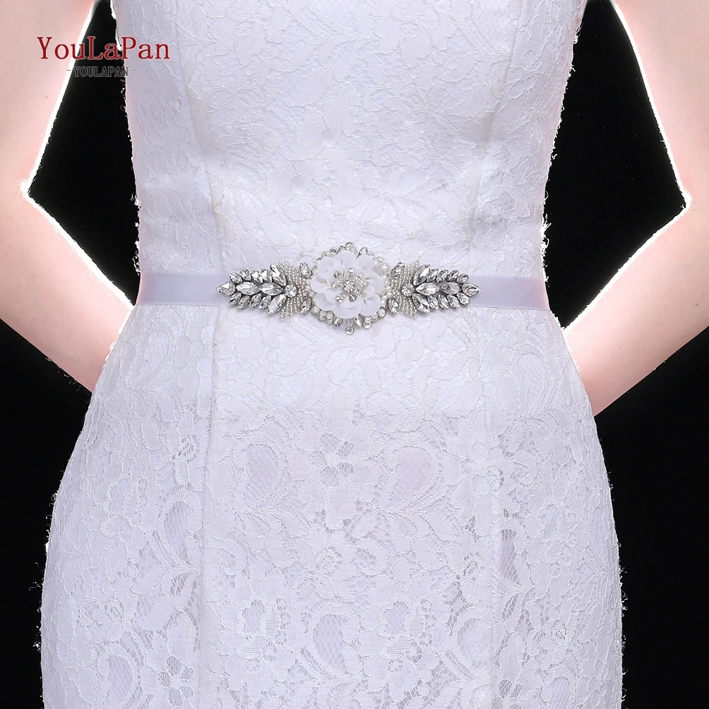 

YouLaPan S480 Wholesale Crystal Rhinestone Dress Decoration Belt, Bridal Wedding Belt With Organza Flowers, Silver