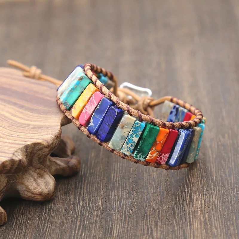 

JOJO Fashion Retro Bohemian Simple Hand Made Natural Stone Agate Imperial Stone Leather Bangle Bracelet