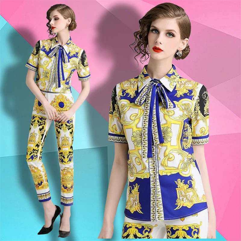 

In stock sales 2021 new woman clothes wholesale fashion apparel elegant printed short-sleeved shirt + fashion trousers 2-piece s, White