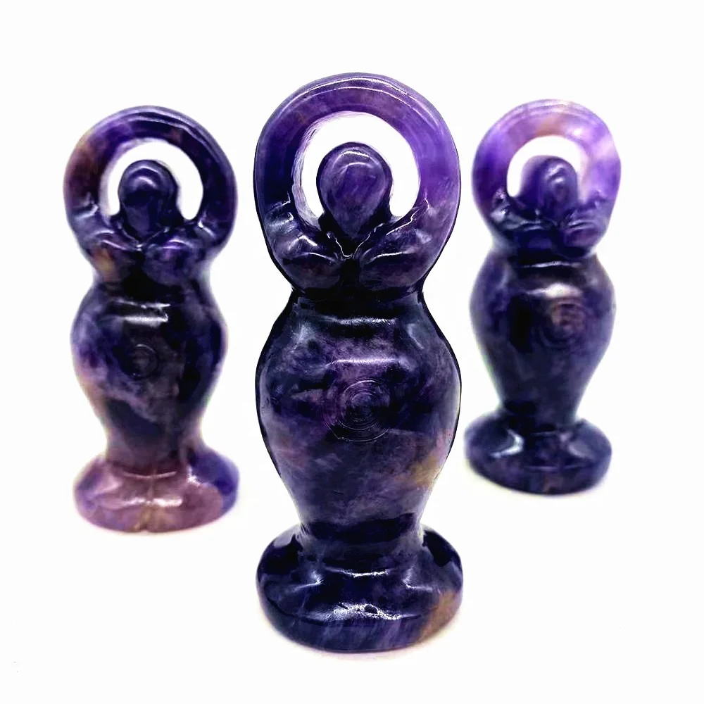 

Natural Hand Carved Standing Goddess Figurines Chevron Amethyst Crystal Crafts Amethyst Goddess Statue For Home Decoration