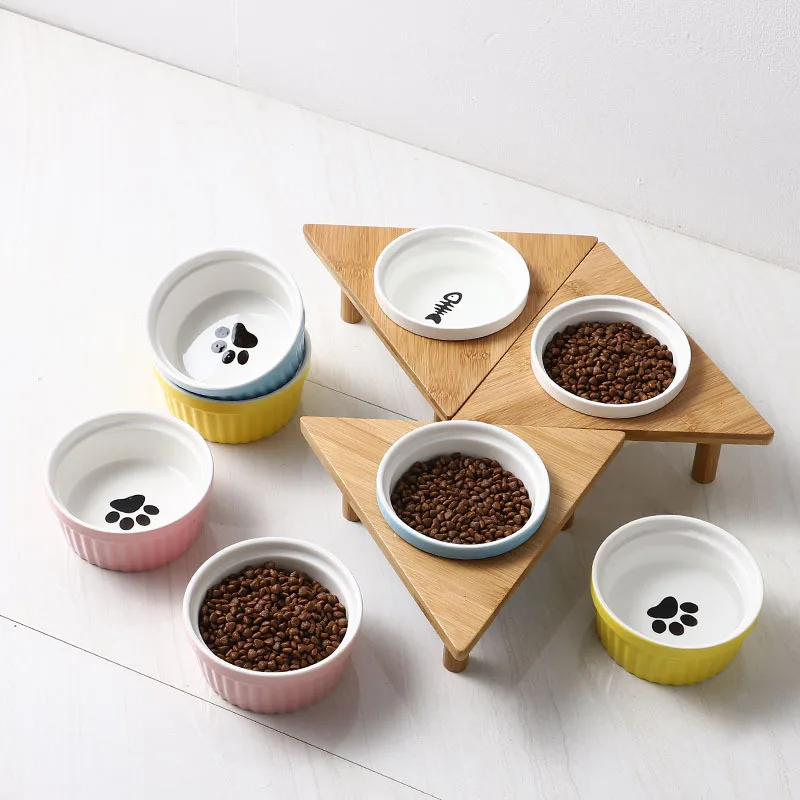 

Elevated Wood Frame Anti-corrosion Pet Dog Cat Raised Ceramic Bowls & Feeders