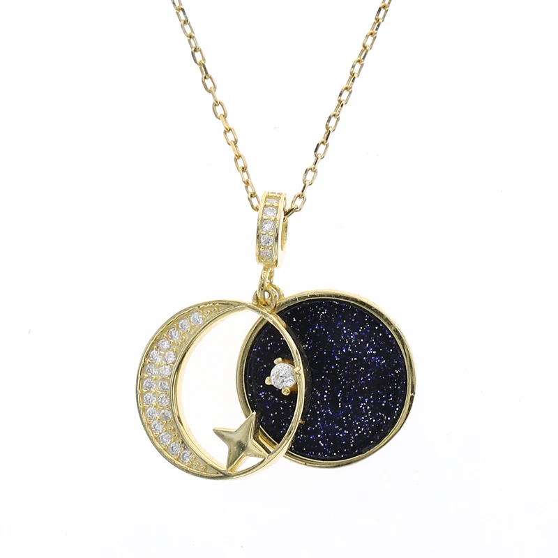 Trendy women Jewelry 925 sterling silver gold plated nightsky moon star pendant necklace