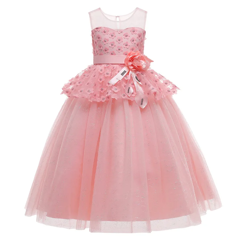 

4-16Years Fancy Kids Party Frock Children Long Party Dress Girls Clothes Baby Dresses C2243, Pink,white,champagne