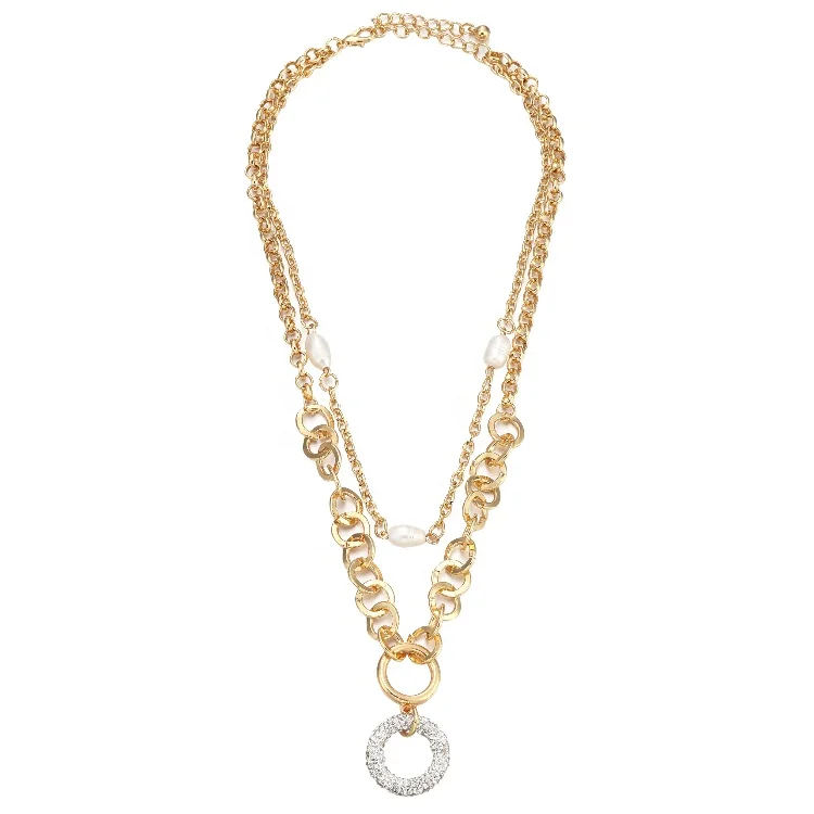 

Dina Vintage Women New Style Pearls Crystal Loop Gold Pendant Cuban Link Necklace With Multi Layer