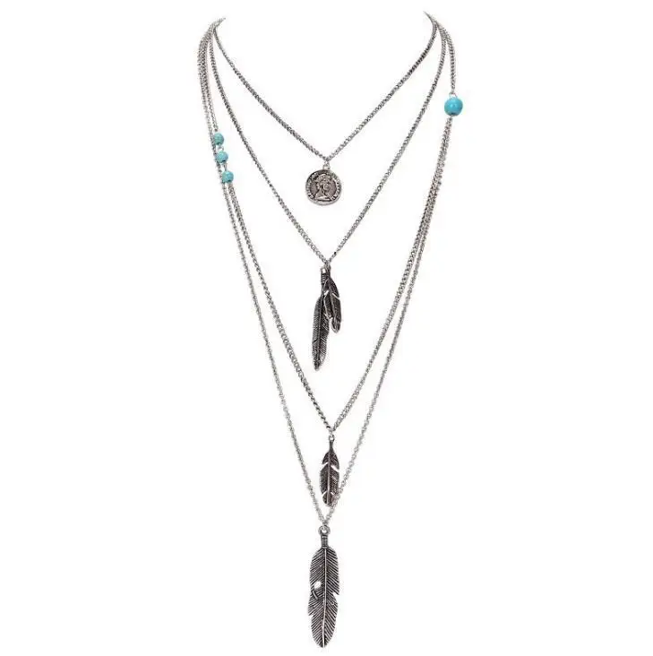 

Bohemian multilayer necklace of ancient silver and turquoise leaves