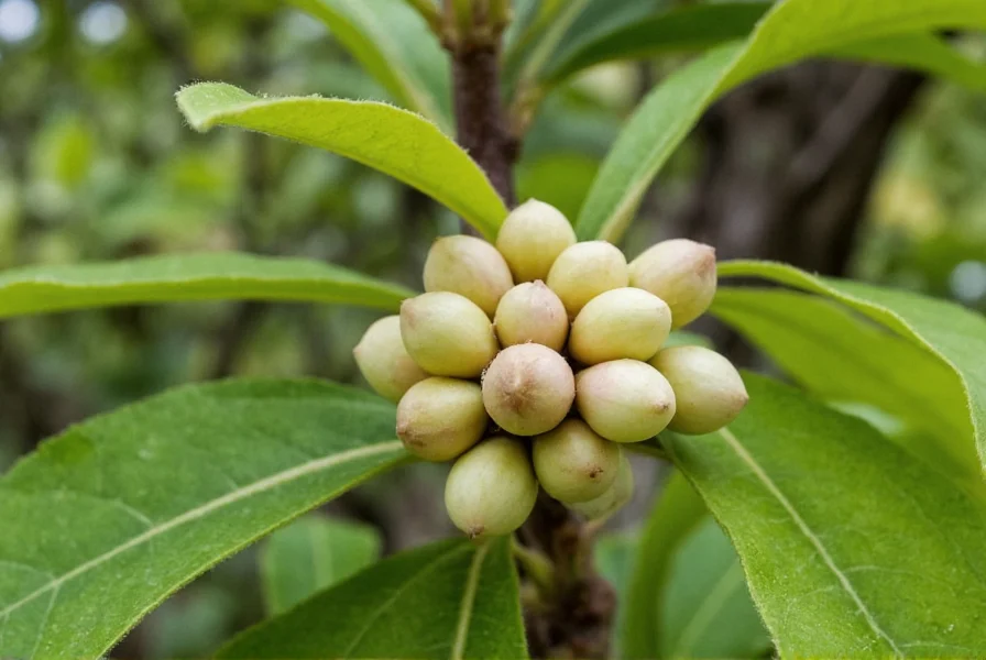 Mature clove tree showing characteristic dark green leaves and reddish bark