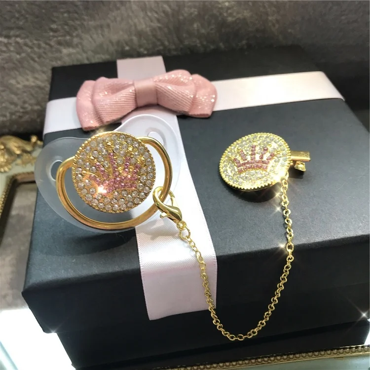 

Pink Royal Crown Teether Toy Chain Leash Flash Crystal Bling Soother Chain