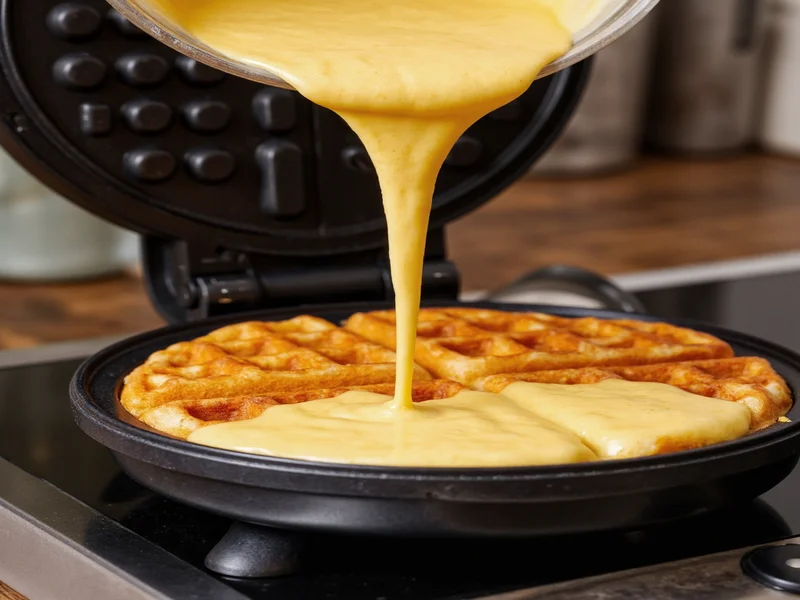 Waffle batter being poured into preheated waffle iron