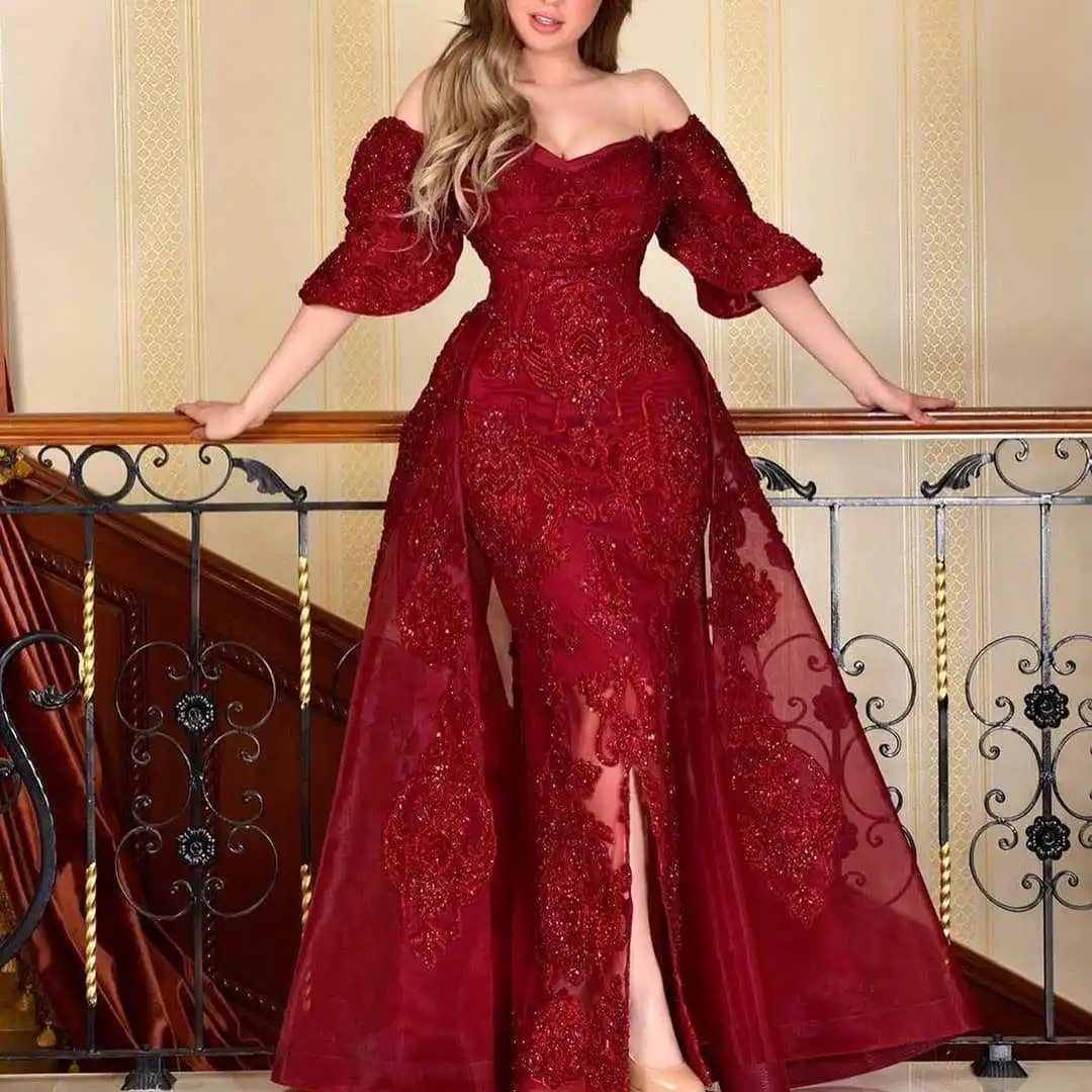 

Wine Red Prom Long Sleeve Evening Dress Open Back Ladies Formal Dresses Evening Dresses for Women Luxurious, As picture