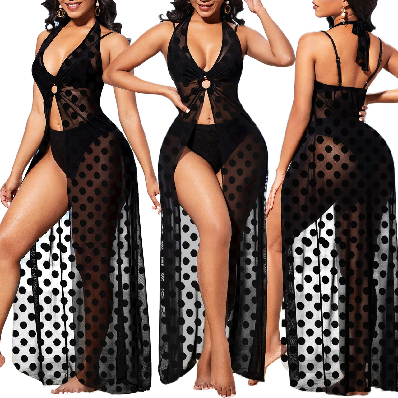 

Plus size casual dress Amazon summer collection Sexy Swimsuit See-through polka-dot smock dress