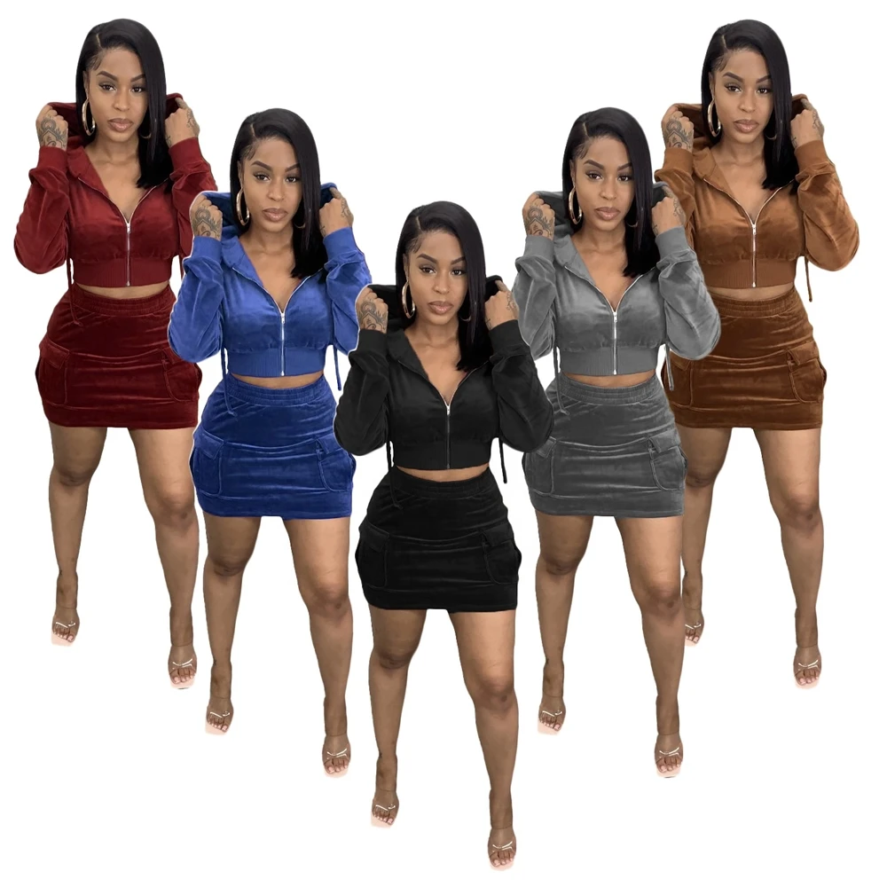 

2021 Women Velvet Fall 2 Piece Sets Outfits Skirt Sets Girls' Dresses Clothes Coats Jackets Two Piece Skirt Set Clothing
