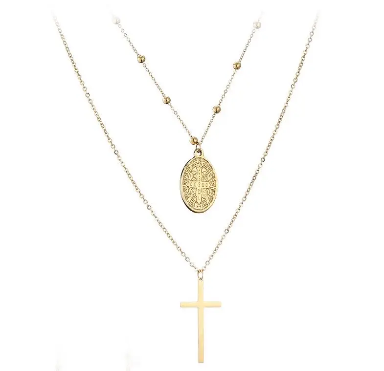 

Jesus Cross Layered Necklace Stainless Steel Long Chain Necklace Jewelry
