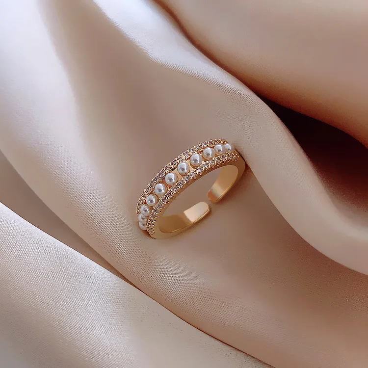 

Korean Fashion Micro Pave Zircon Opening Ring C Shape Baroque Pearl Finger Ring for Wedding Party