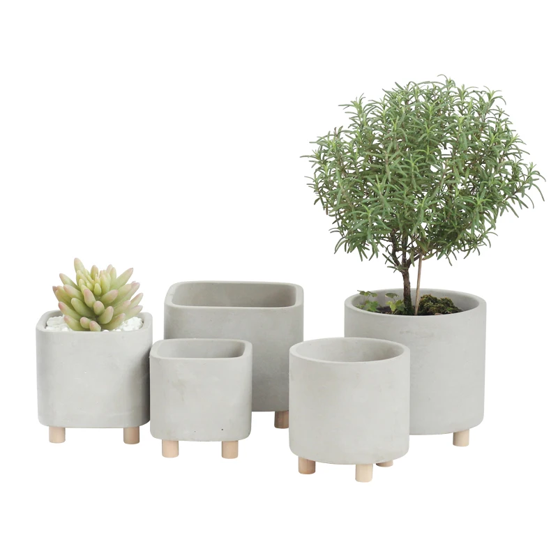 

High quality cement green plant pots cactus pot with wooden legs for home garden decor, Natural