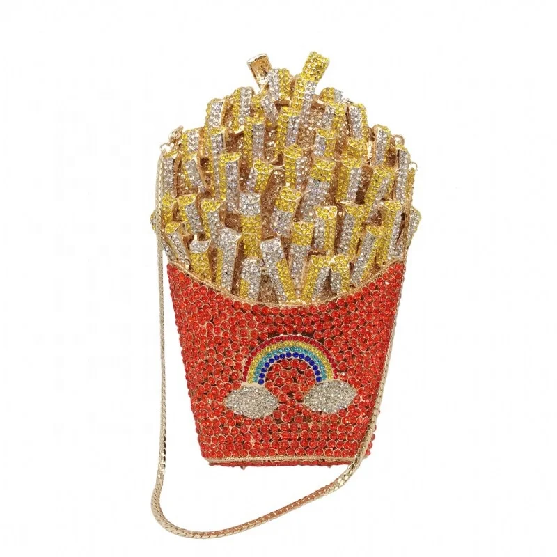 

Custom luxury glitter rainbow diamond french fry clutch bag french fries evening bag french fries bag, Red,orange