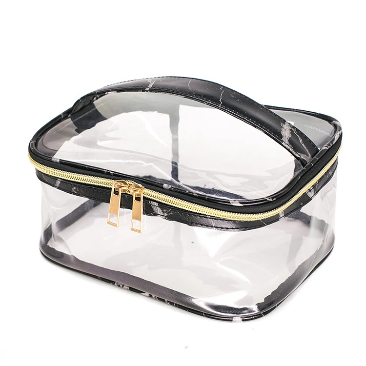 

New Women Custom PVC Clear Cosmetic Bag Fashion PU Leather Marble Printed Travel Makeup Organizer Bag, Black, white