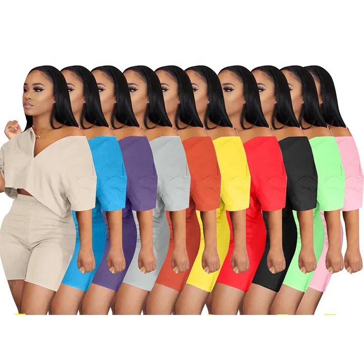 

Trending Solid Crop Top Casual Two Pieces Outfit Short Sleeve Shirt and Shorts 2 Piece Short Set Women