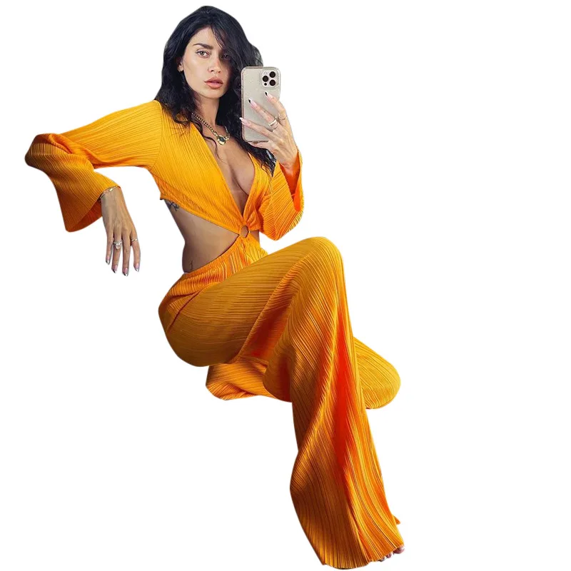 

Women's 2022 Autumn New Solid Color Round Neck Pullover Ring Waist Pleated Long Jumpsuit