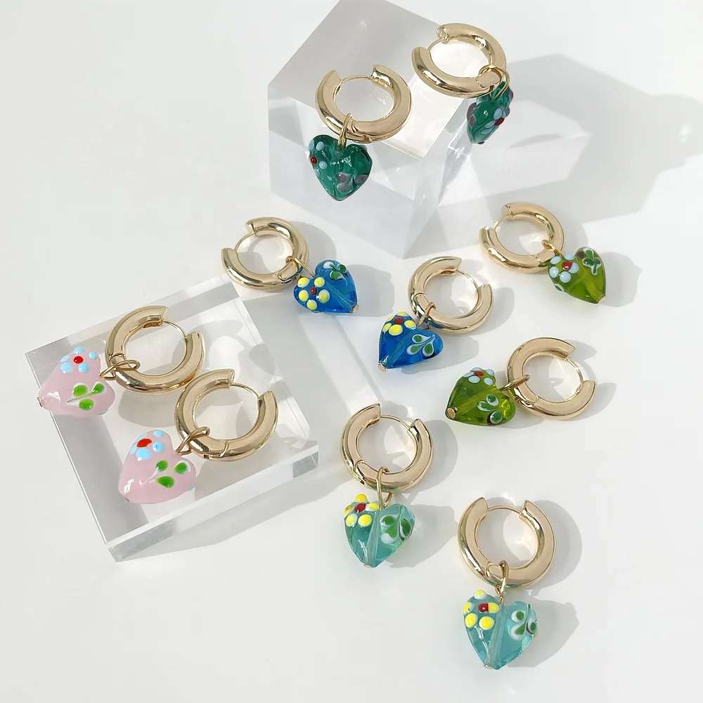 

E0816 cute romantic love heart gold plated hoop earrings for women candy color coloured glaze heart huggies earring jewelry