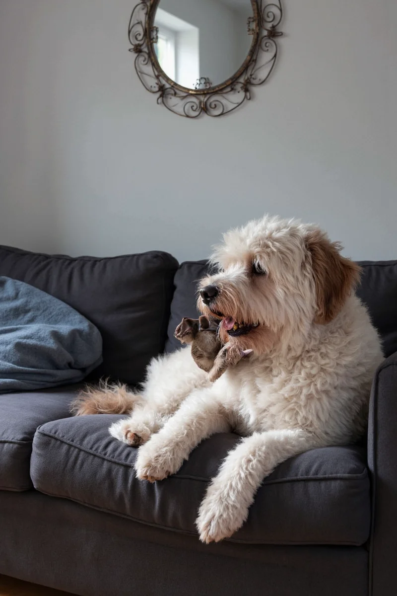 Black leather sofa with a golden retriever lying on it, looking smug. The surface appears spotless.
