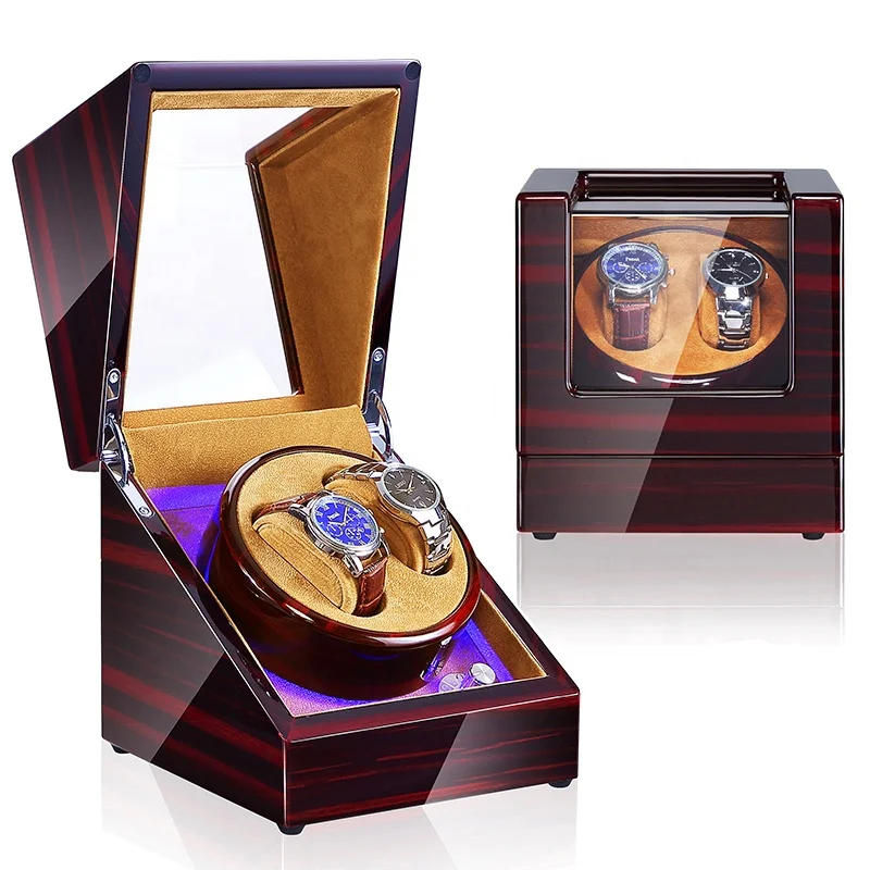 

Wooden Watch Case High Gloss Finish Velvet Interior Automatic Rotating 1 Rotation Table Watch Winder Box 2 Watches, Black