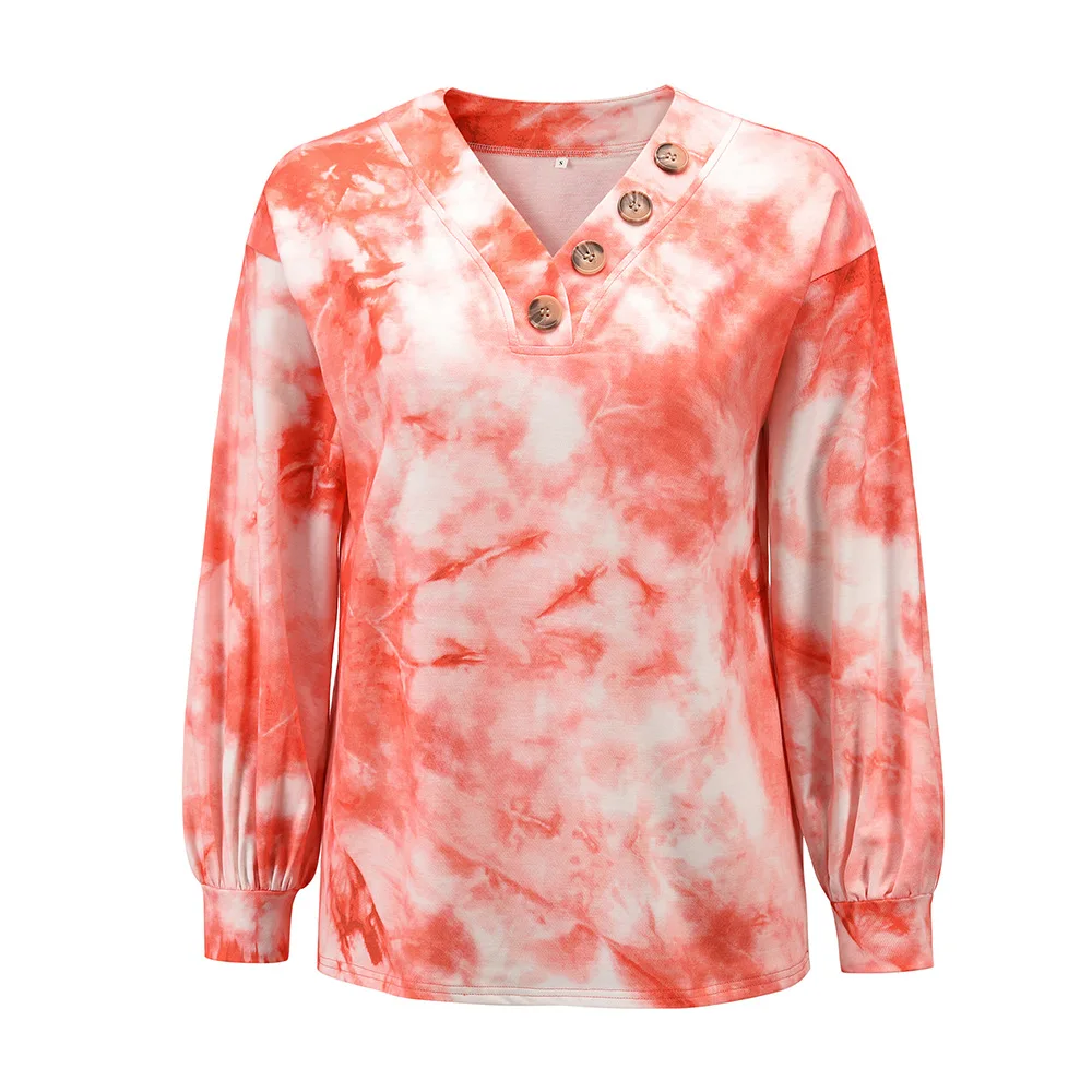 

2020 European and American Printed Sports Long Sleeve Jacket Tie Dyed V-Neck Sweater Women's Autumn Winter Pullover Top