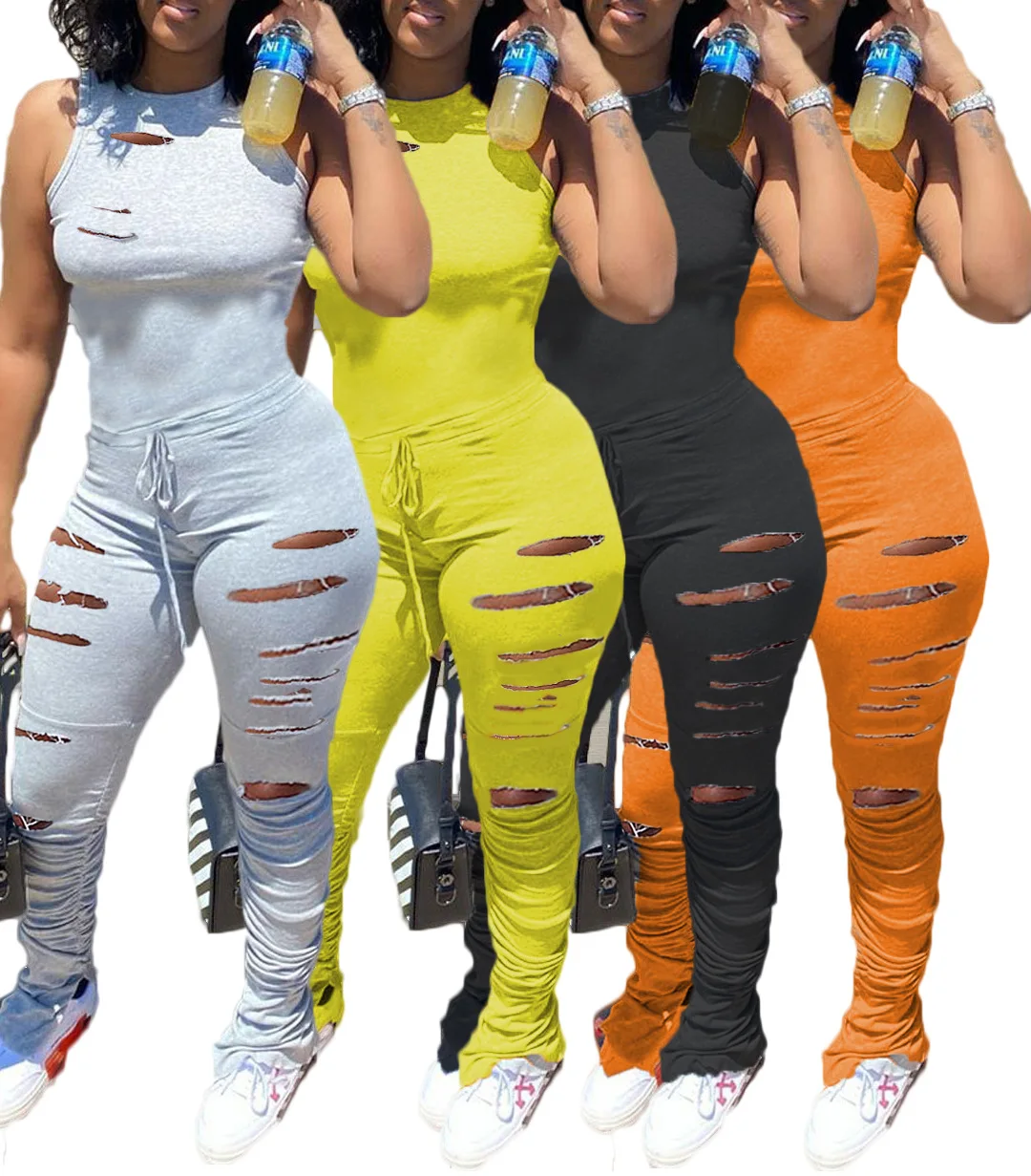 

2021 Spring Soft Rompers Women Jumpsuit Hollow Out Plus Size One Piece Streetwear Jumpsuit stacked Ripped sexy women Jumpsuit, As picture