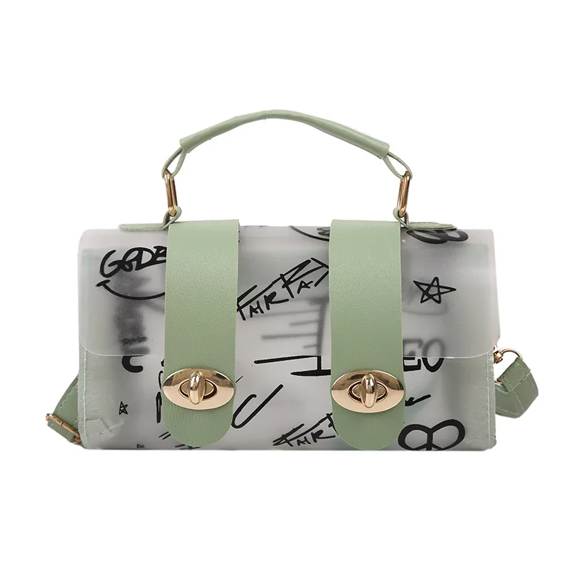 

Transparent Jelly Graffiti Handbag 2021 New Lock Buckle Single Shoulder Small Square Bag Cross Bag For Women, As photo show