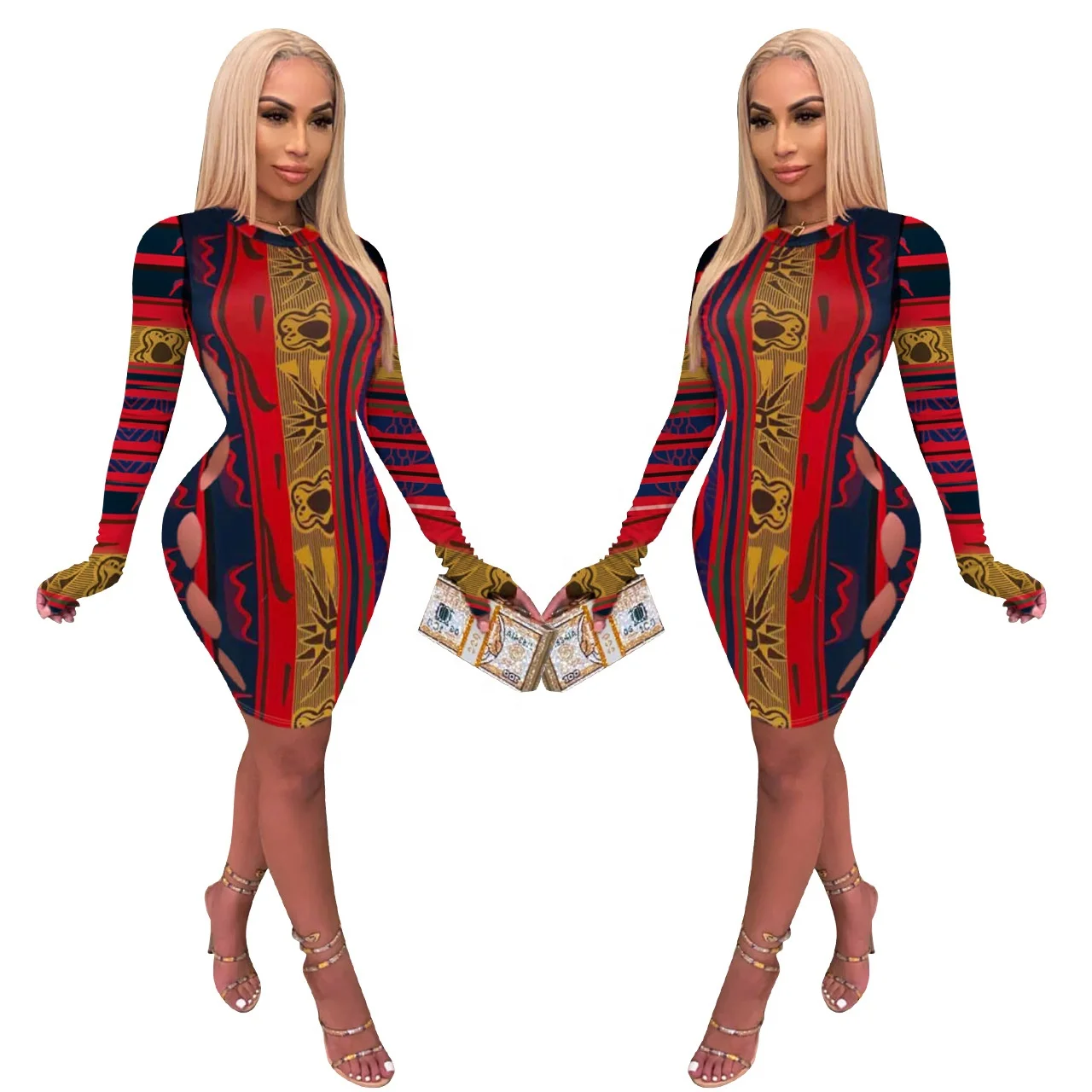 

2021 New Floral Print Hollow Out Long Sleeve Skinny Bodycon Mini Dress Sexy Club Party Dress for Women