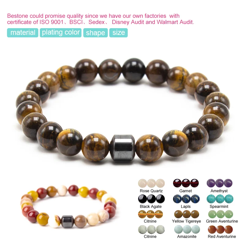 

Healing Stone Beads Bracelet Natural Gemstone Picasso Jasper and Magnetic Hematite Jade Bracelet, Customized color