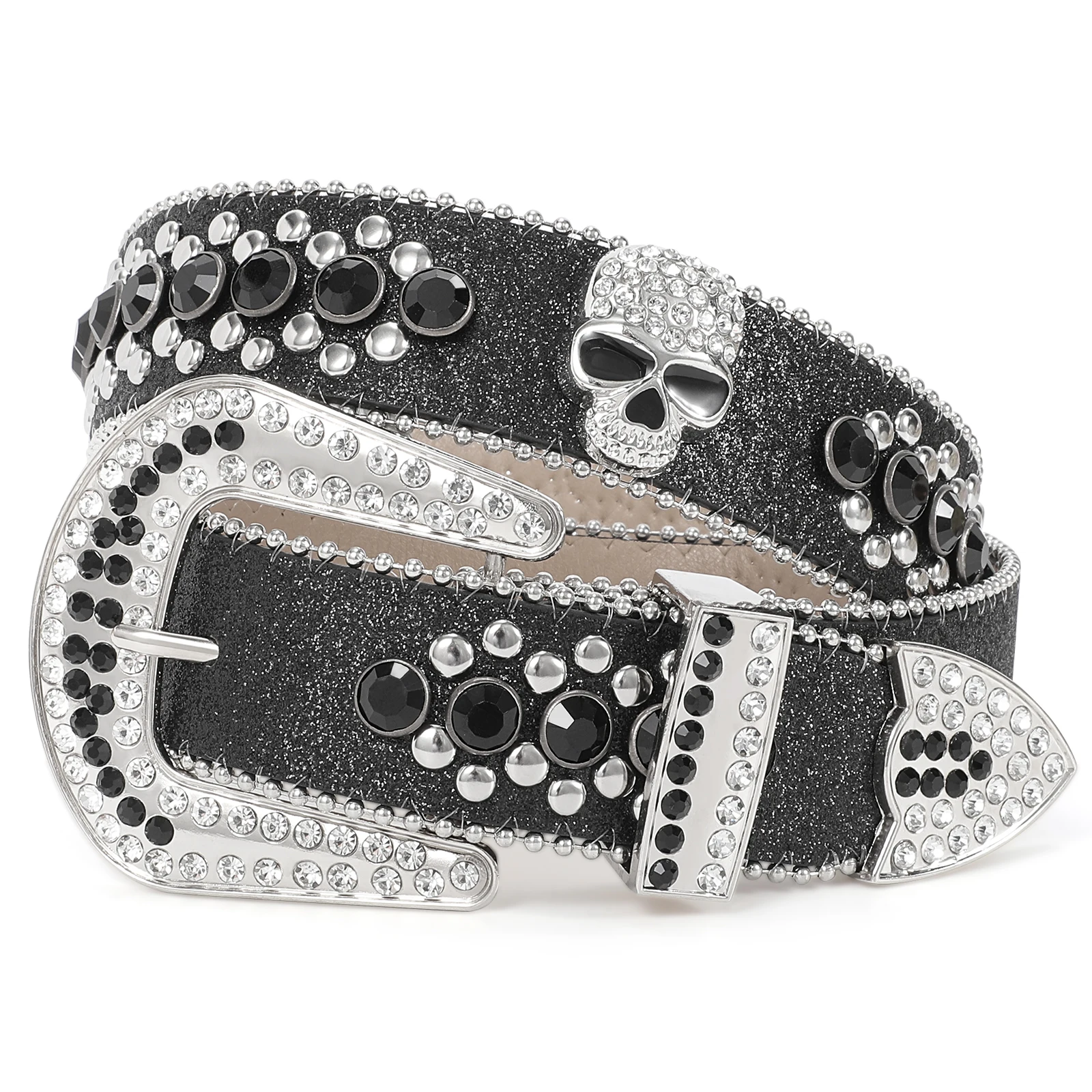 

Custom Brand Y2K Black Skull Rhinestone Belt Pin Buckle Cowboy Crystal Plus Size Rhinestone Western Belts