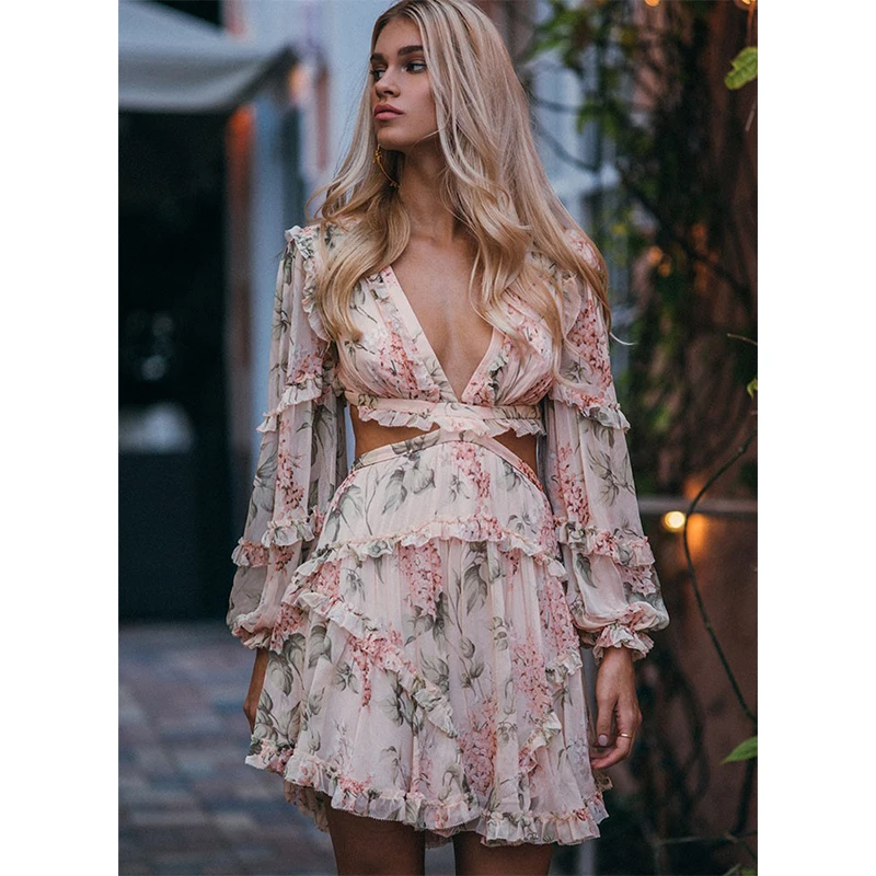 

DS-375 Women Vacation Party Casual Chiffon Lantern Ruffles Long Sleeve Backless Floral Printed V-Neck evening Dress