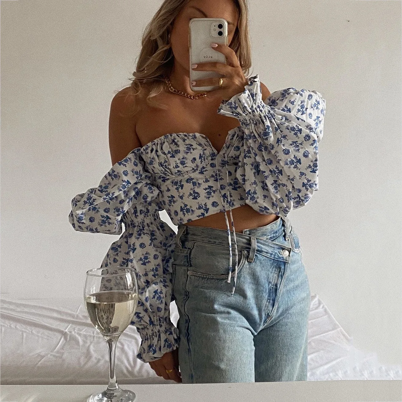 

2021 Summer Square Collar Fashion Off Shoulder Floral Crop Top Long Puff Sleeve Bouse Women Ruched Floral Tops, Black/yellow/pink/white/beige/blue/wine red/ blue-purple