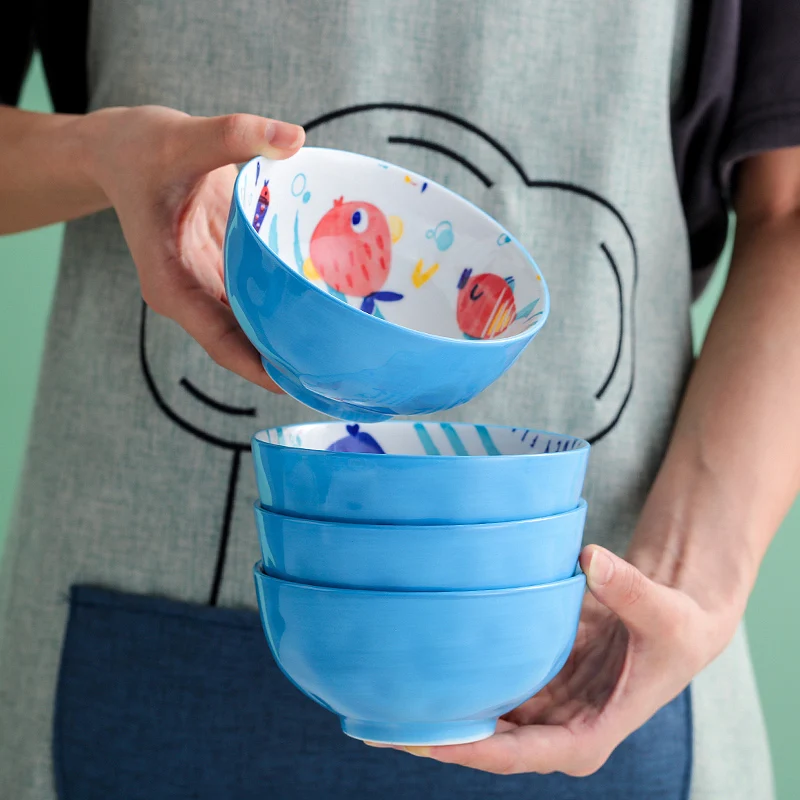 

Cartoon design Ceramic bowl factory price baby bowl Kids color glazed porcelain bowl set, Blue
