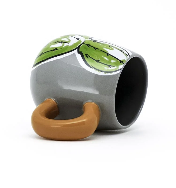 
Oval shape 16OZ ceramic stoneware smart coffee mugs plants mug yellow grey for gift 
