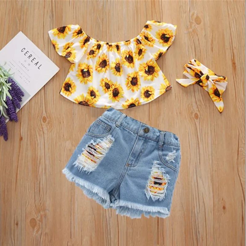 

2022 Kid Clothes Wholesale Baby Clothes Little Girl Flower Top And Jeans Skirt Set 2 Pcs Denim Pants Girls Clothing Sets