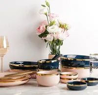 

Hot style 8pcs set pink&dark blue color hotel restaurant used crockery tableware elegant fine porcelain dinner set
