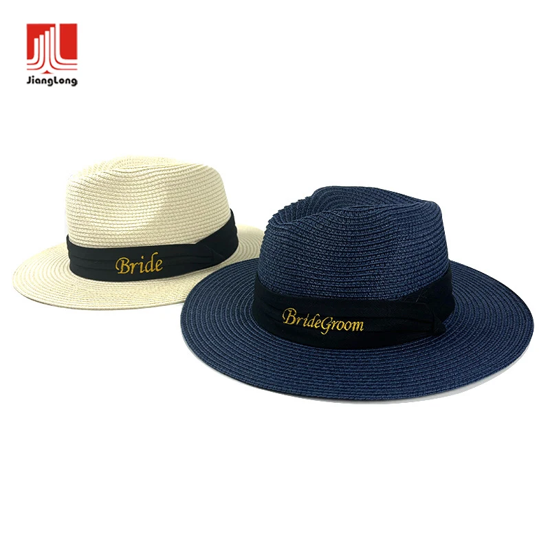 

2022 wholesale low MOQ custom name sun women beach bride ribbon natural glass unisex with logo summer panama straw hat