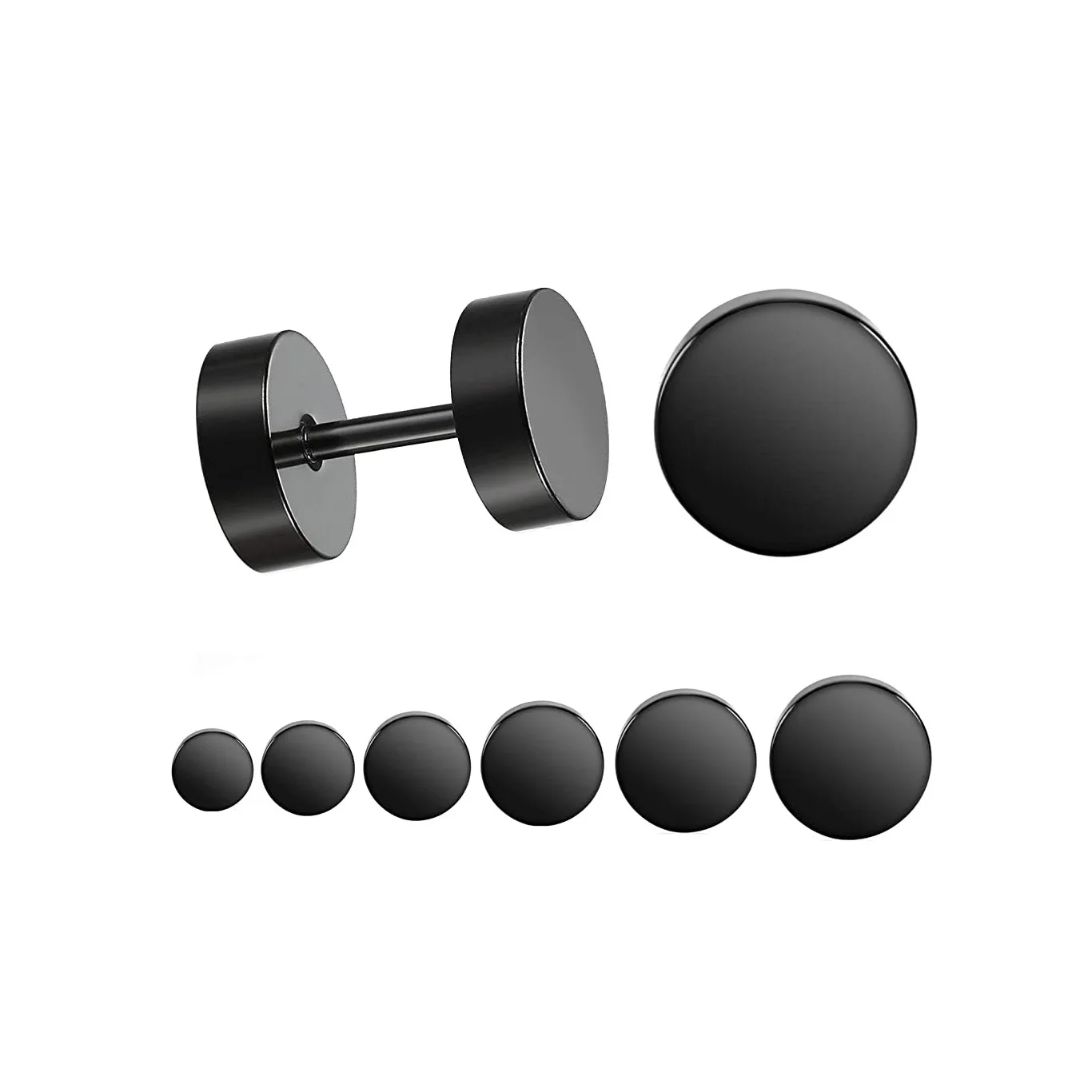 

Fashion 6 Pairs 5-10mm Stainless Steel Black Stud Earrings Set Faux Gauges Earring Ear Plugs Earrings