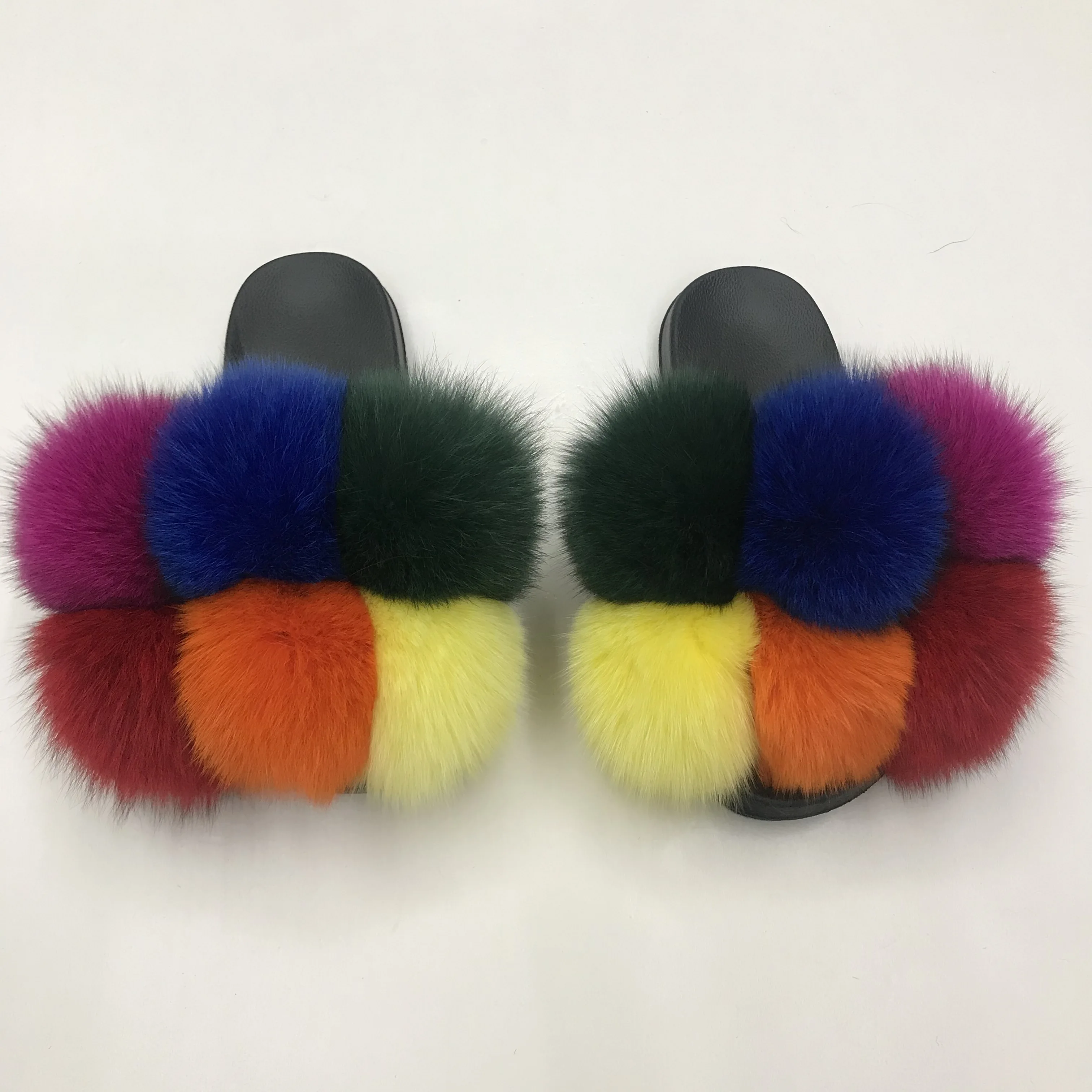 

wholesale fur ball slides fur slippers womens multi color fox fur ball slippers, Customized color