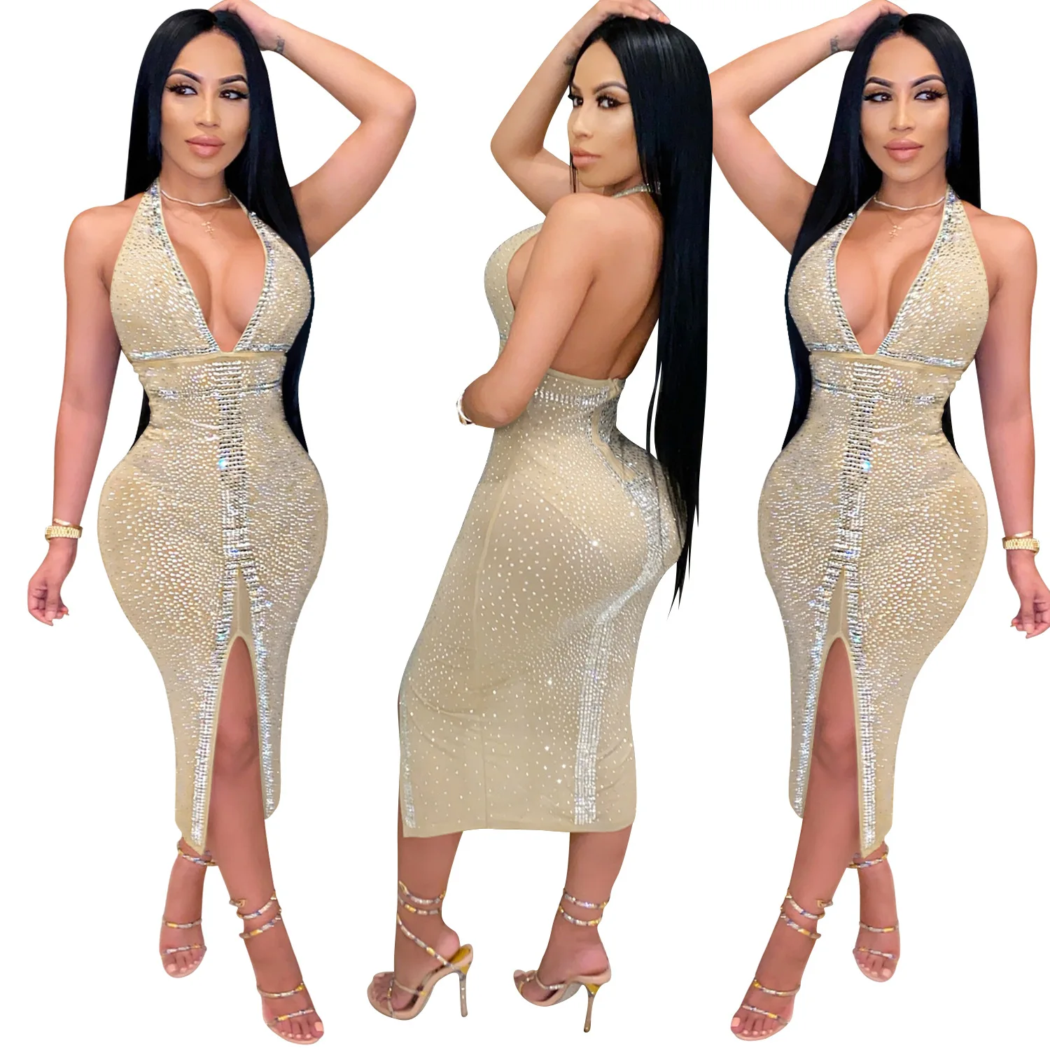 

new women's clothing 2021 hot sale shiny dresses pure color slim rhinestone dresses gowns sexy mesh dress