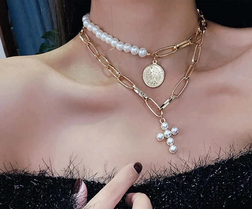 

Fashion gold pearl cross necklace For Women wholesale N20947, Picture shows