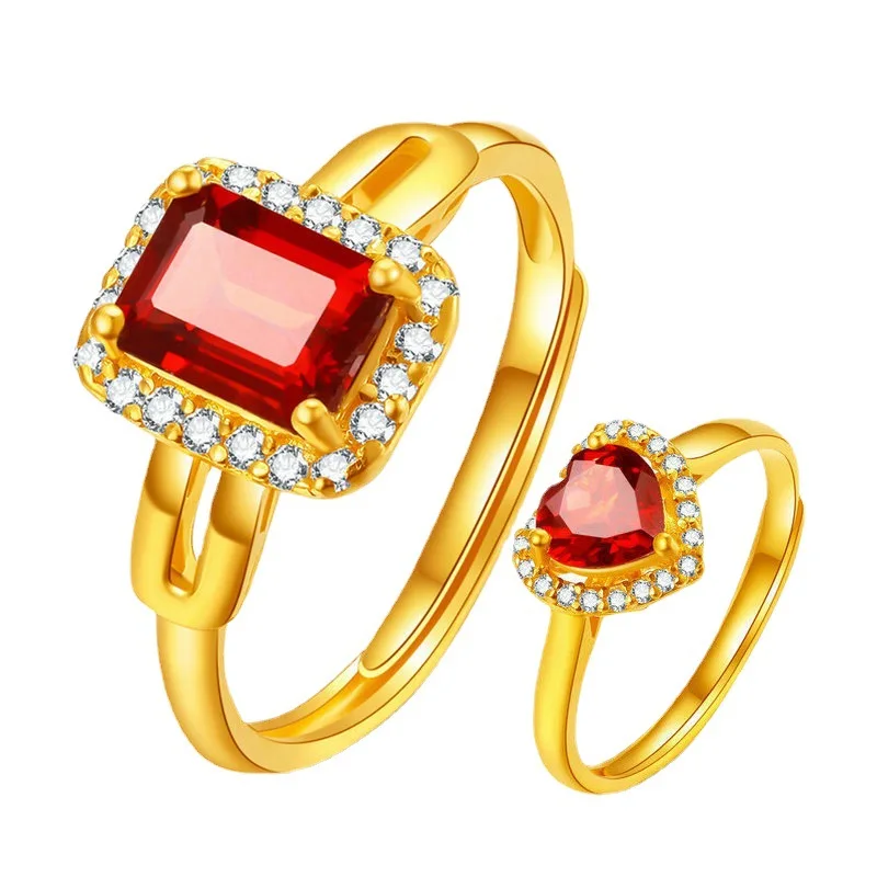 

MSYO INS Style Fashion 18K Gold Red Garnet Rings Adjustable Heart Rings Wedding Ring