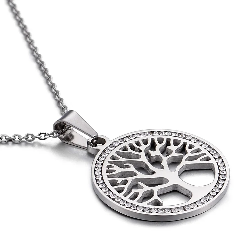 

Fashion Stainless Steel Pendant Necklace Silver plated stainless steel ring inlaid with Diamond Tree of Life Pendant Necklace Je