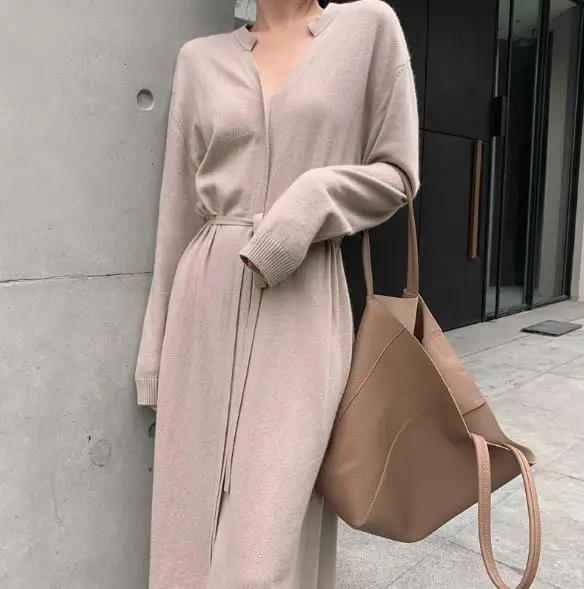 

2021 Women Elegant Solid Midi Dress With Belt V Neck Korean Style Dresses Long Sleeve Casual Knitted Sweater Dress